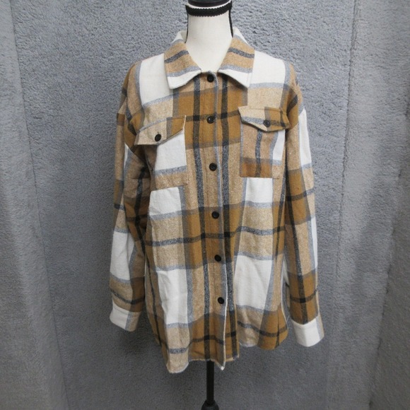 Automet Jackets & Blazers - Plaid Oversized Shacket Women M Tan White Flannel Shirt Jacket Pockets Automet